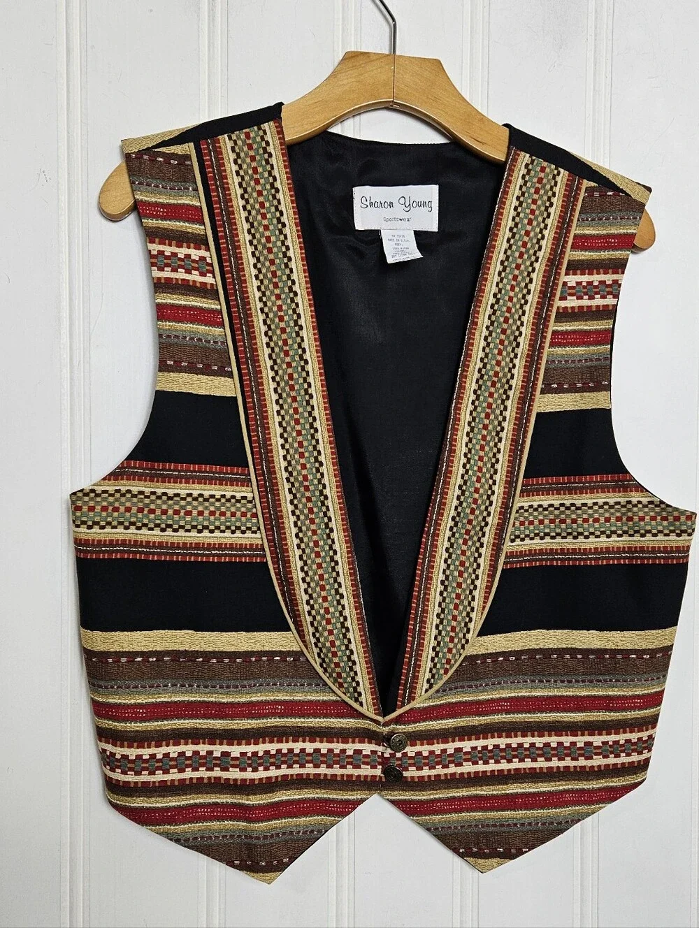 Vintage Sharon Young Vest M Southwestern Tapestry Metallic Western Boho Black US
